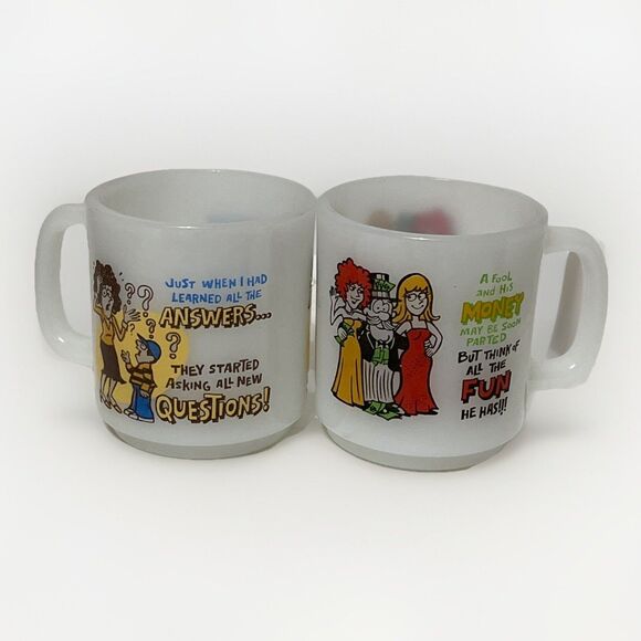 Set Of 2 Vintage Glasbake Milk Glass Coffee Tea Mugs Humor Funny Graphic 10 Oz - Picture 1 of 10